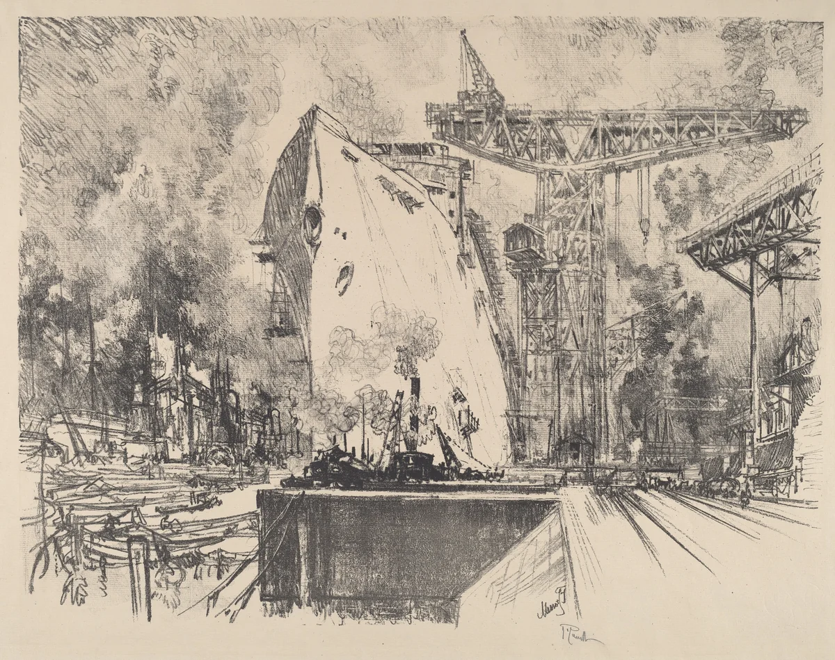 Building the Bismarck, Hamburg by Joseph Pennell, print, 1914