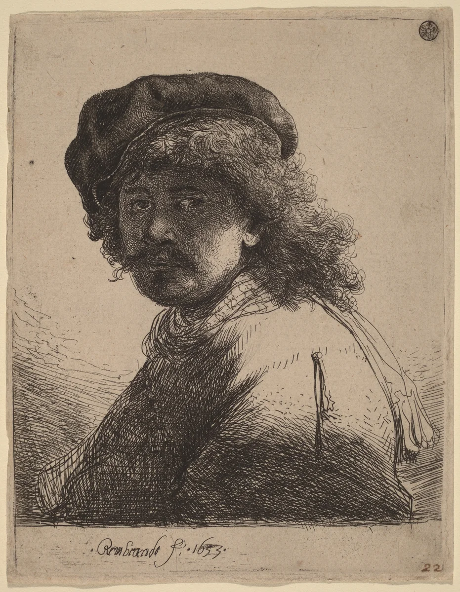 Self-Portrait in a Cap and Scarf with the Face Dark by Rembrandt van Rijn, print, 1633