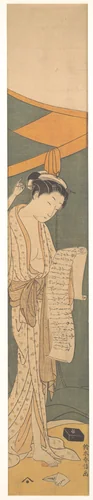 Woman in Night Robe Reading a Letter by Suzuki Harunobu (鈴木春信), print, 1764-1772