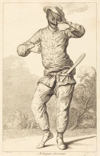 Arlequin pleurant by François Joullain, Claude Gillot, print, 1730