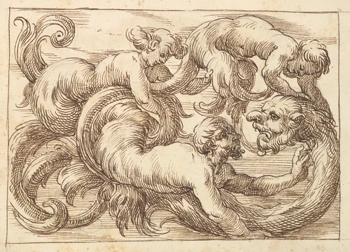 Horizontal Panel Design with a Three Figures and a Fantastical Creature Interspersed between Acanthus Rinceaux by anonymous, drawing, 1600-1650