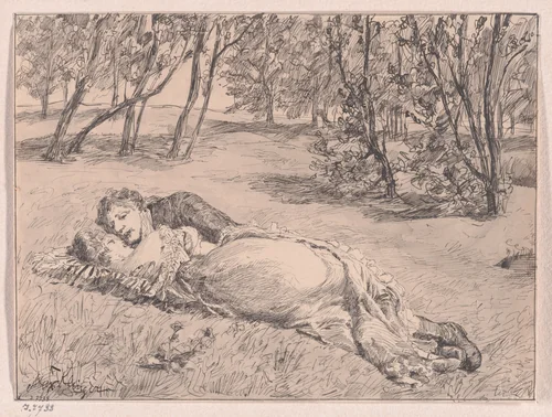 Paar im Grase–Umarmung in einer Landschaft (A Couple on the Grass–An Embrace in a Landscape) by Max Klinger, drawing, 1879