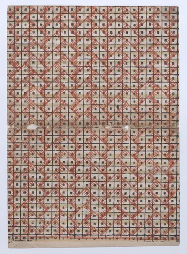 Book cover with overall grid pattern with geometric designs by anonymous, print, 1800-1900