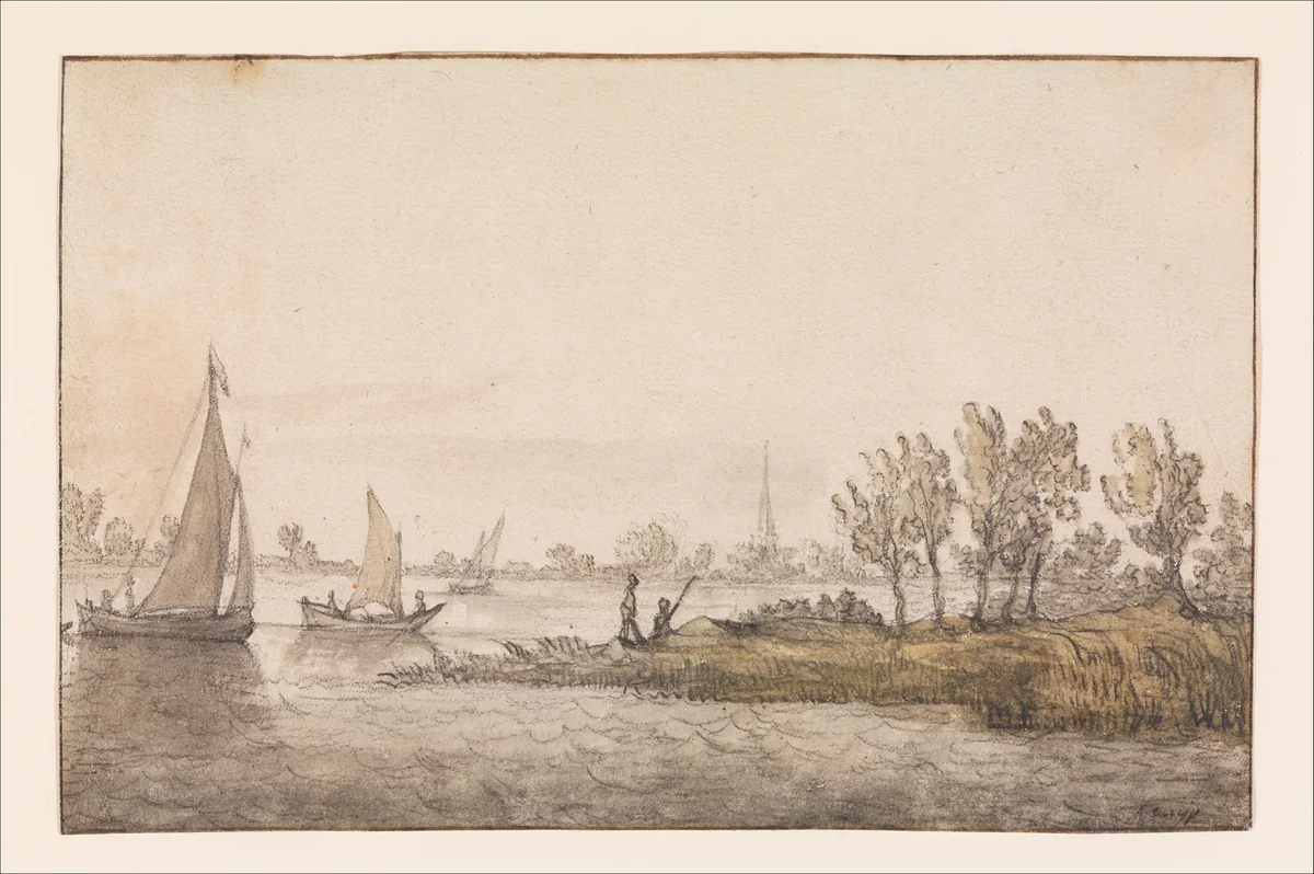 River Landscape with Sailboats by Aelbert Cuyp, drawing, 1637-1645
