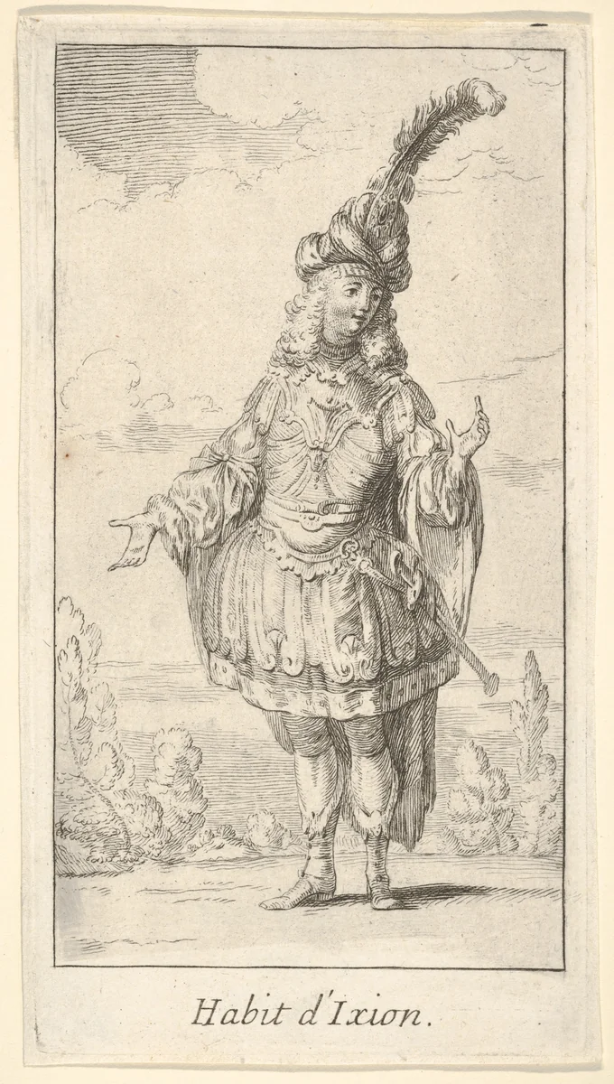 Habit d'Ixion: a man wearing a tonnelet with a sword in the belt, a turban with one large feather on his head, from "New designs for costumes" (Nouveaux desseins d'habillements à l'usage des balets operas et comedies) by François Joullain, print, 1716-1726
