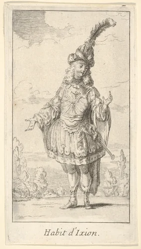 Habit d'Ixion: a man wearing a tonnelet with a sword in the belt, a turban with one large feather on his head, from "New designs for costumes" (Nouveaux desseins d'habillements à l'usage des balets operas et comedies) by François Joullain, print, 1716-1726