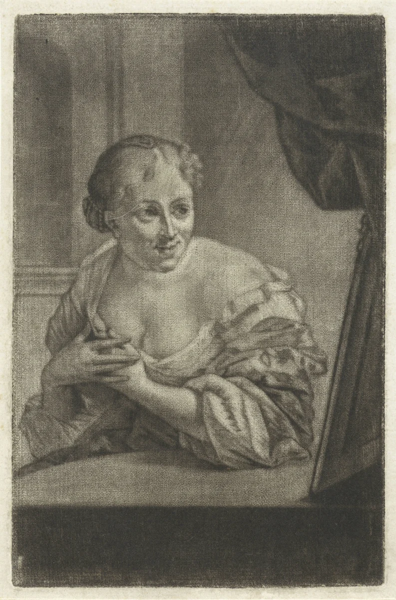 Vrouw voor een spiegel by Aert Schouman, print, 1752