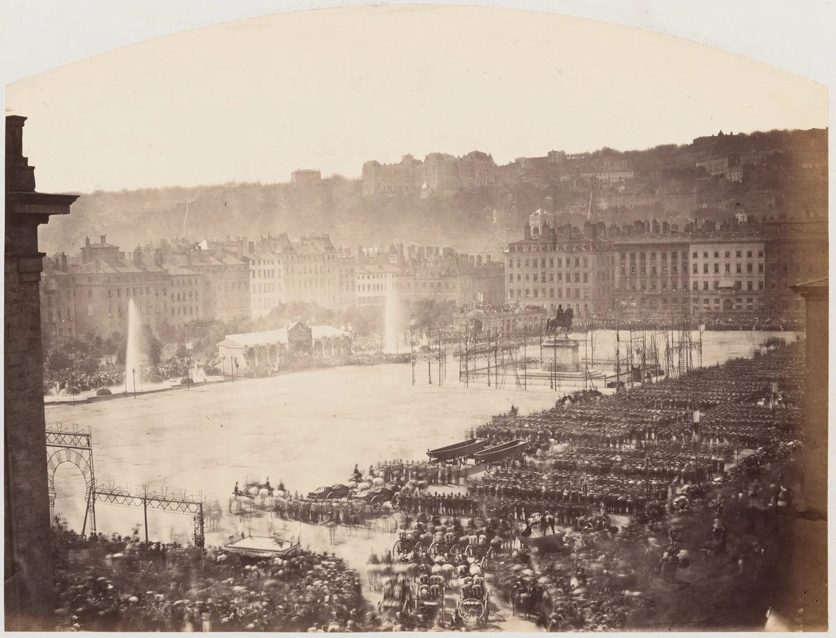 Assembly of Troops for Napoleon III, Place Bellecour de Lyon by Pierre-Ambrose Richebourg, photograph, 1860