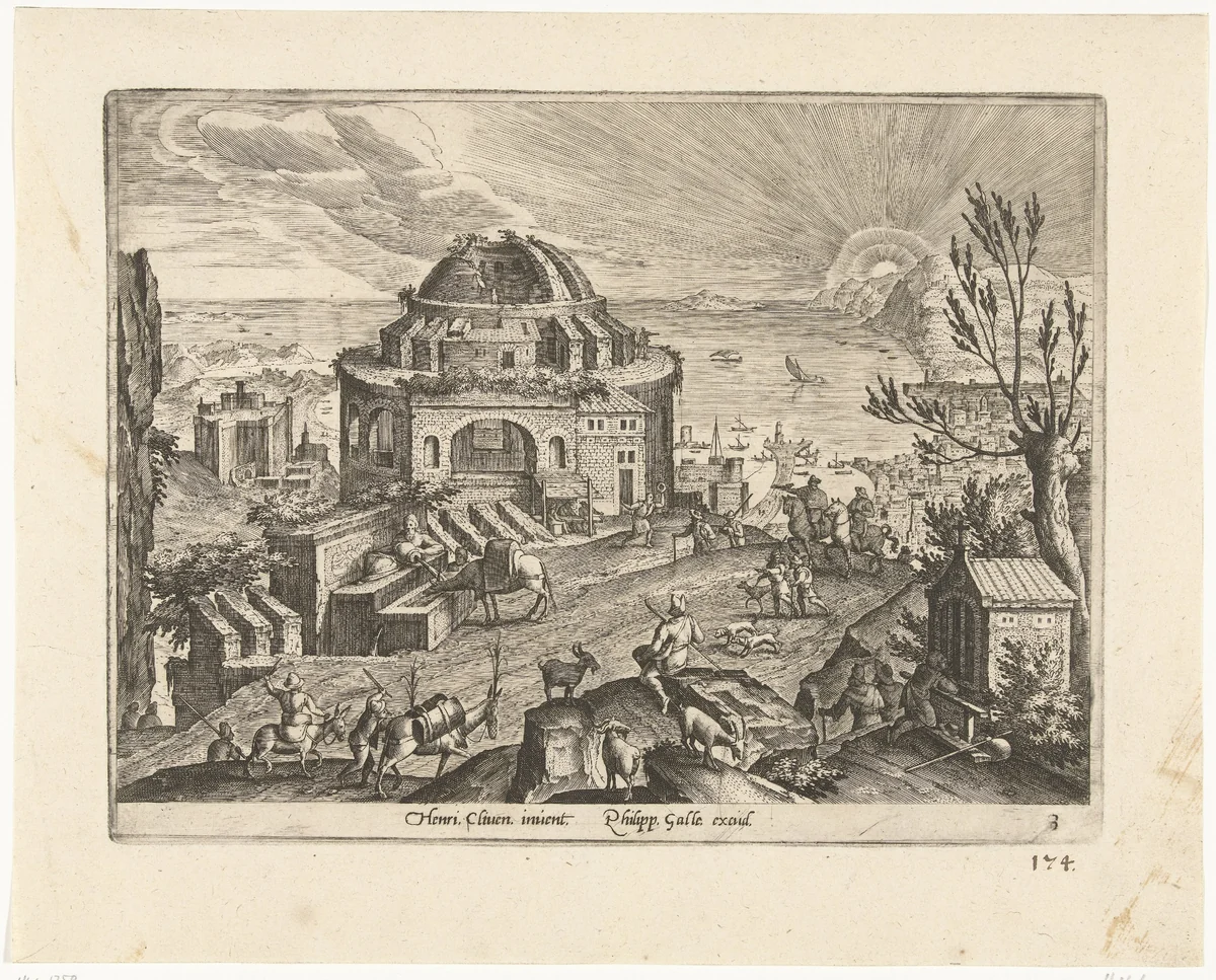 Landschap met ruïne van een tempel by Adriaen Collaert, print, 1587