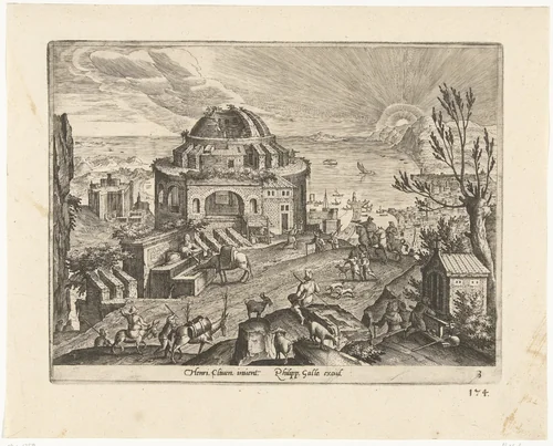 Landschap met ruïne van een tempel by Adriaen Collaert, print, 1587