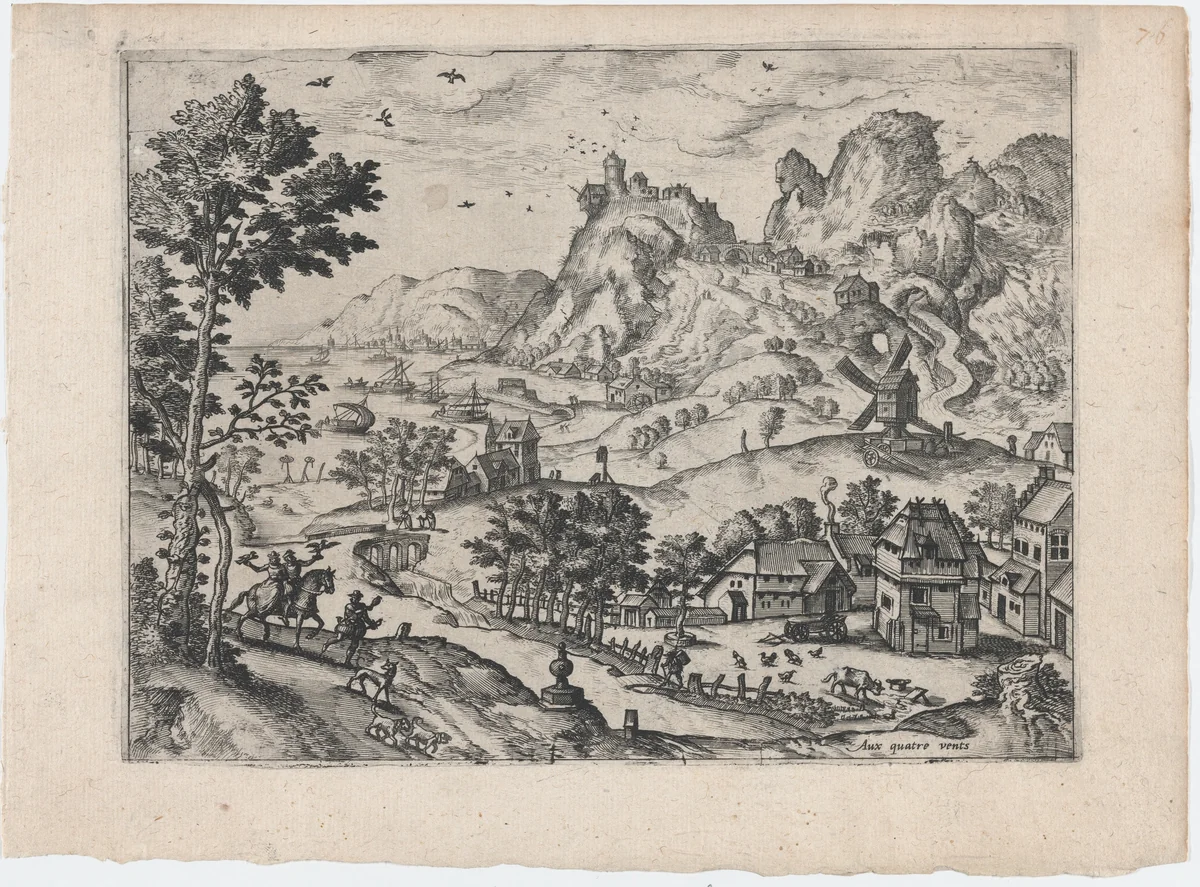 Mountain Landscape with Falconers by Lucas Gassel, print, 1555-1575