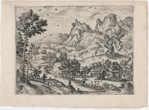 Mountain Landscape with Falconers by Lucas Gassel, print, 1555-1575