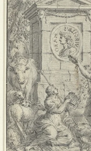 Herderinnen bewonderen een medaillonportret van Vergilius by Ferdinand Delamonce, drawing, 1708-1718