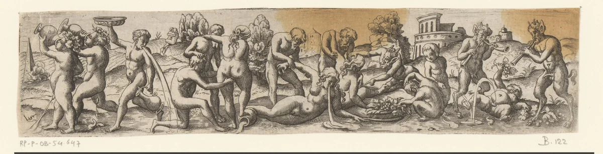 Bacchanaal met saters en brakende figuren by Unknown, print, 1524-1562