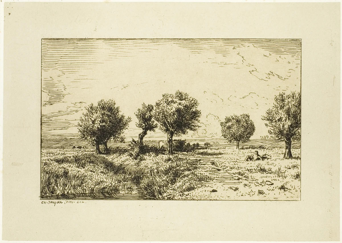 Willows in a Landscape by Charles-Émile Jacque, print, 1844