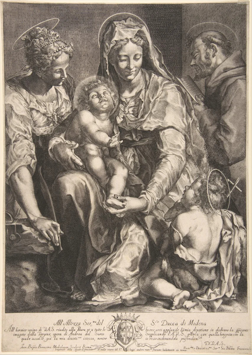 Virgin and Child with Saint Catherine, Francis of Assisi and John the Baptist by Giovanni Battista Bonacina, print, 1620-1670