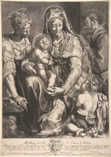 Virgin and Child with Saint Catherine, Francis of Assisi and John the Baptist by Giovanni Battista Bonacina, print, 1620-1670