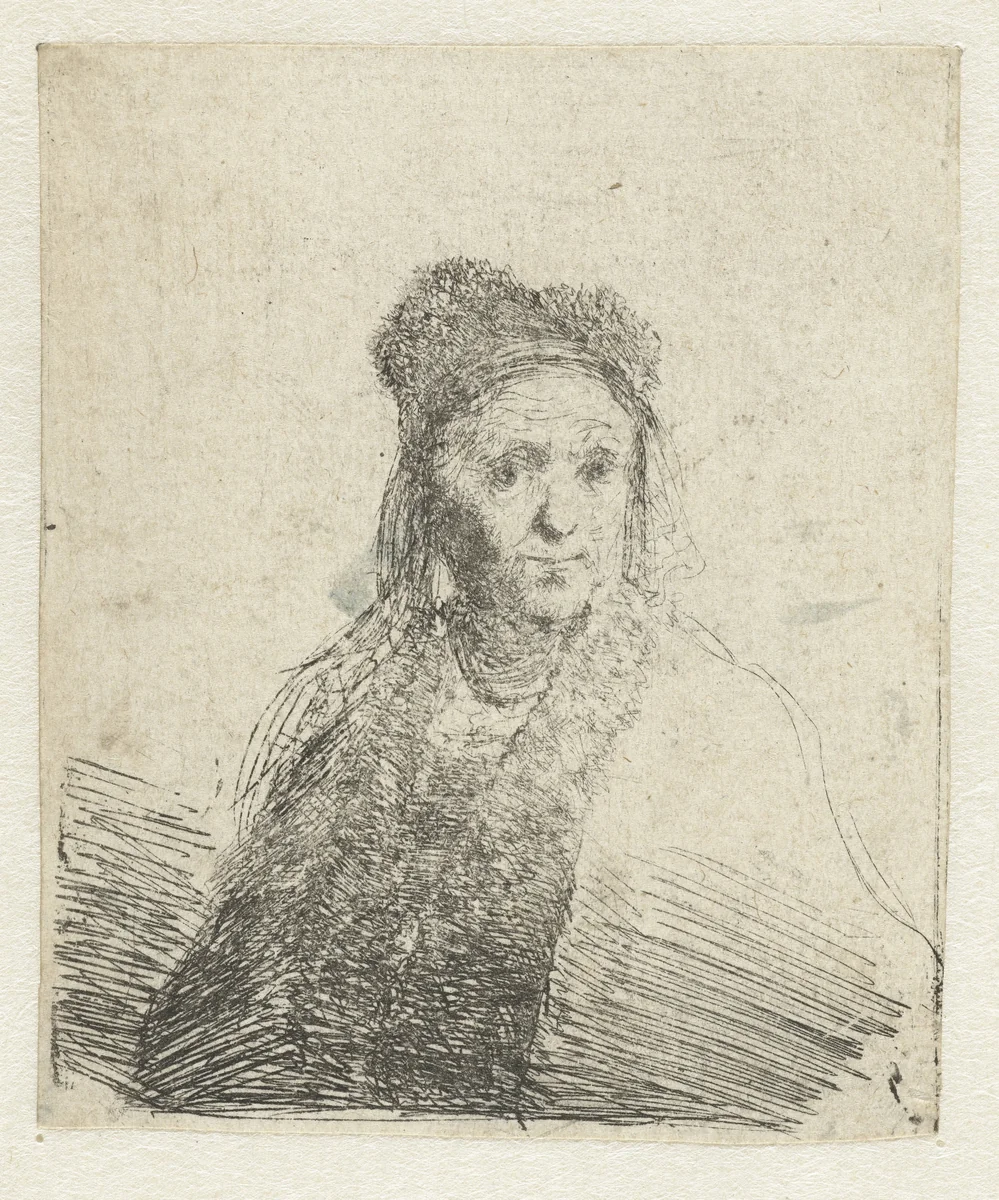 Portret van een oude vrouw met bontmuts by Jan Lievens, print, 1625-1674