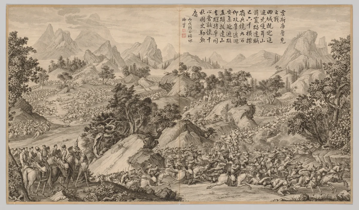 Battle at Heshi Kuluke: from Battle Scenes of the Quelling of Rebellions in the Western Regions, with Imperial Poems by Jean Damascene Sallusti, print, 1766-1774