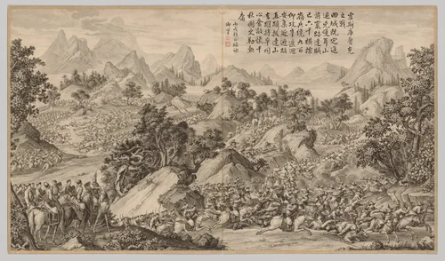 Battle at Heshi Kuluke: from Battle Scenes of the Quelling of Rebellions in the Western Regions, with Imperial Poems by Jean Damascene Sallusti, print, 1766-1774