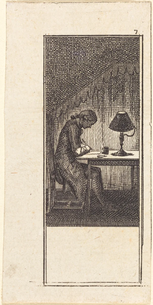 Young Man Writing by Lamplight by Daniel Nikolaus Chodowiecki, print, 1784