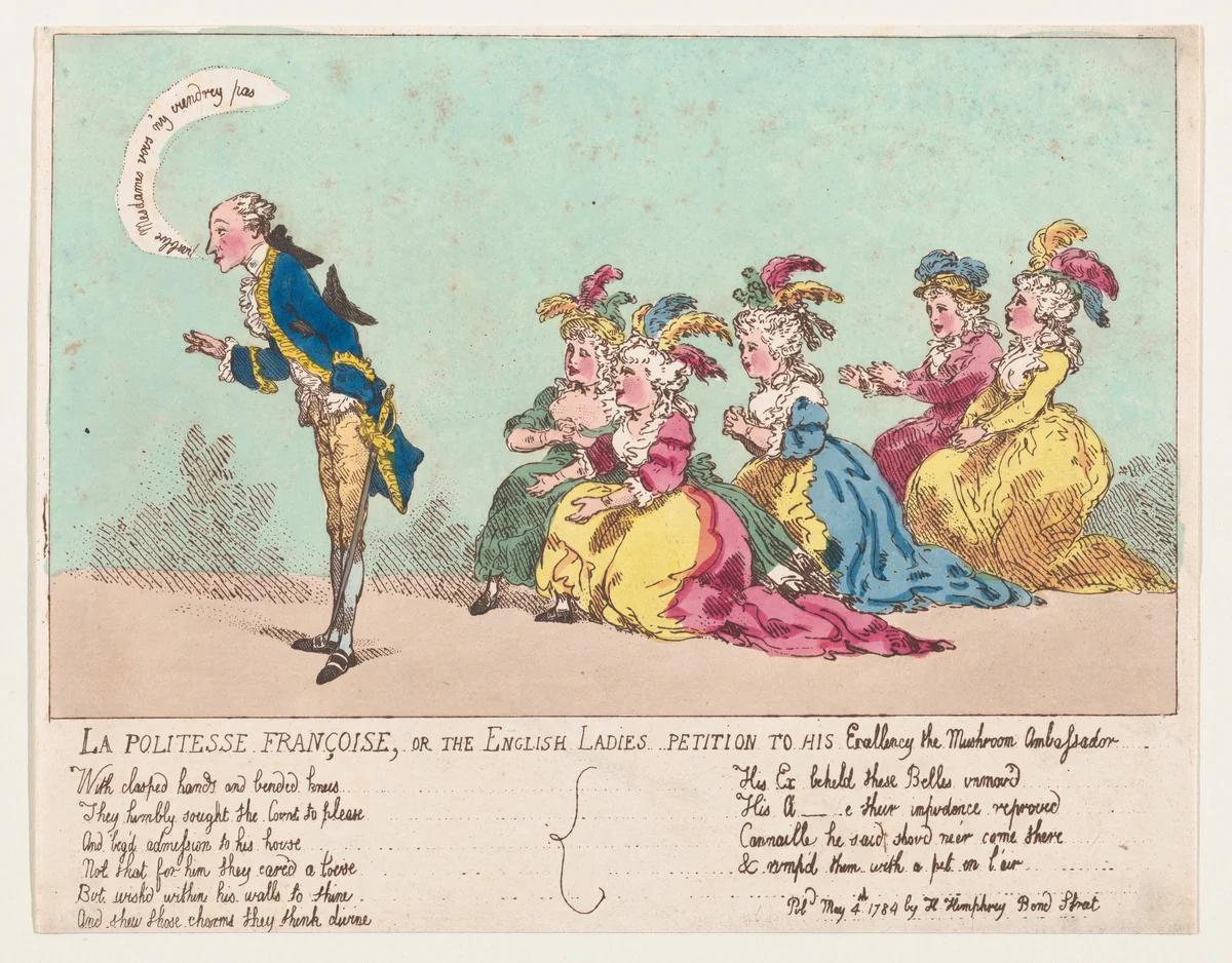 La politesse Françoise, or the English ladies petition to His Excellency the Mushroom Ambassador by Thomas Rowlandson, print, 1789