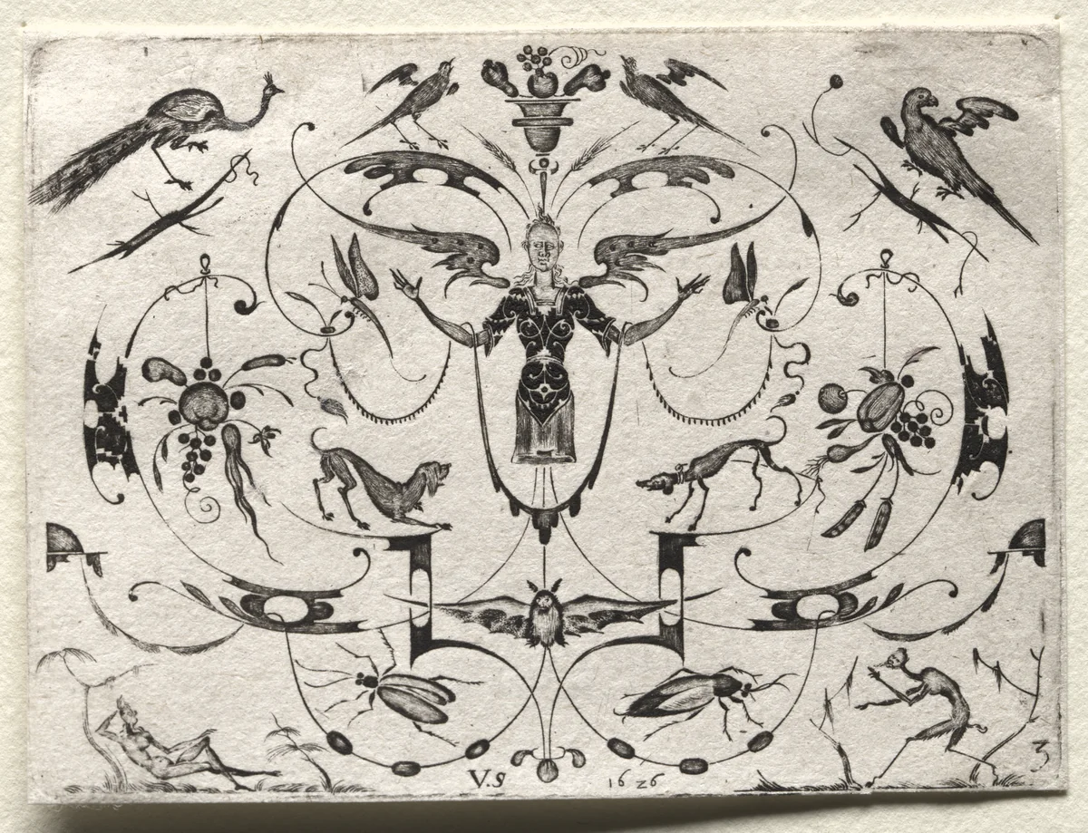 Arabesque with Peacock, Parakeet, Dogs and Insects by Valentin Sezenius, print, 1626