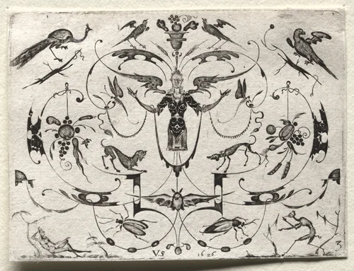 Arabesque with Peacock, Parakeet, Dogs and Insects by Valentin Sezenius, print, 1626