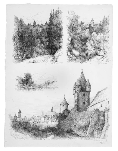 Sheet of Four Sketches of Germany by Andrew Fisher Bunner, artwork, 1876