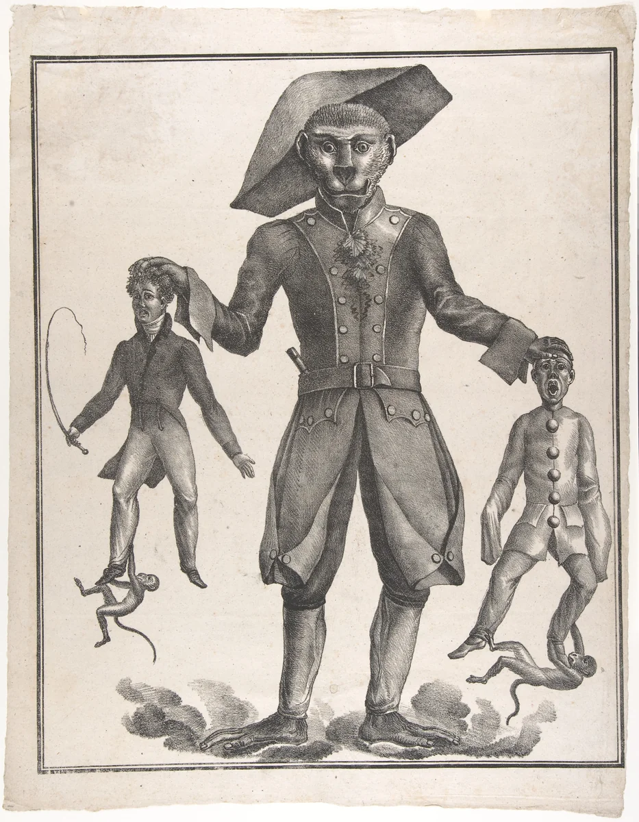 A Giant Monkey in Uniform Holding up Pierrot and a Man with a Whip by anonymous, print, 1825-1840