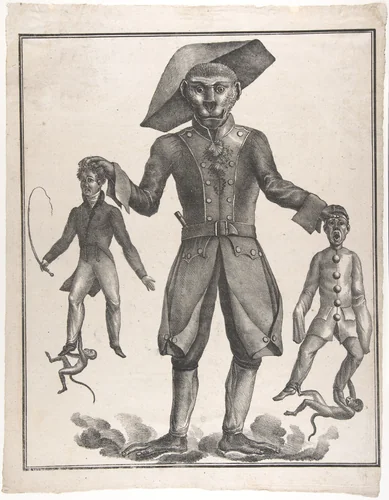 A Giant Monkey in Uniform Holding up Pierrot and a Man with a Whip by anonymous, print, 1825-1840