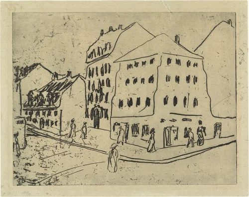 The Blue House in the Potholder District (Das Blaue Haus im Topflappenviertel) by Ernst Ludwig Kirchner, print, 1909
