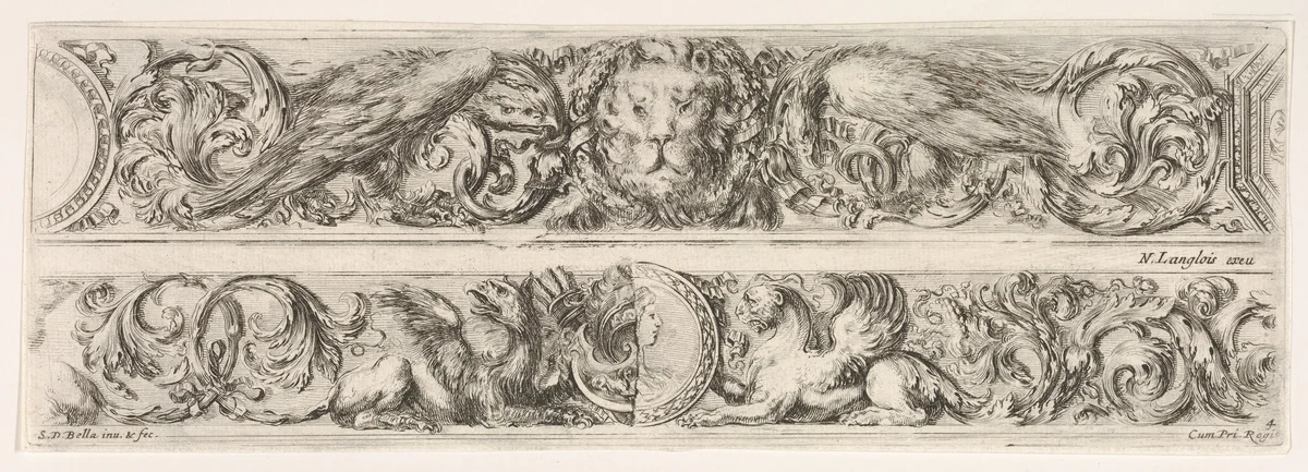 Two Designs for Friezes with Acanthus Scrolls, Each with a Variant, plate 4 from "Decorative friezes and foliage" (Ornamenti di fregi e fogliami) by Stefano della Bella, print, 1645-1650