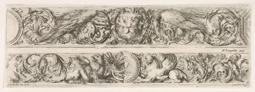 Two Designs for Friezes with Acanthus Scrolls, Each with a Variant, plate 4 from "Decorative friezes and foliage" (Ornamenti di fregi e fogliami) by Stefano della Bella, print, 1645-1650