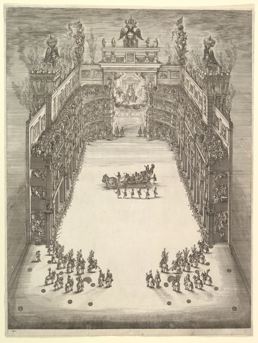 Theater at Modena, seen from above and filled with spectators, with a triumphal car at center and horses in formation at lower left and right, from 'La Gara delle Stagioni' by Stefano della Bella, print, 1652