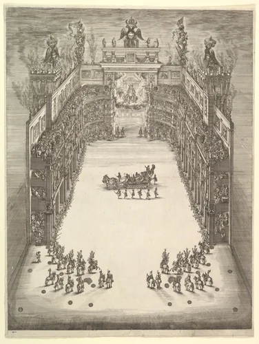 Theater at Modena, seen from above and filled with spectators, with a triumphal car at center and horses in formation at lower left and right, from 'La Gara delle Stagioni' by Stefano della Bella, print, 1652