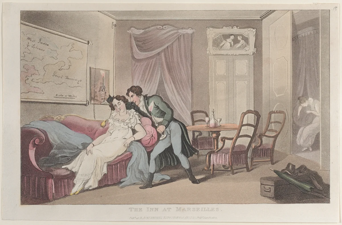 The Inn at Marseilles, from "Journal of Sentimental Travels in the Southern Provinces of France, Shortly Before the Revolution" by Thomas Rowlandson, print, 1822