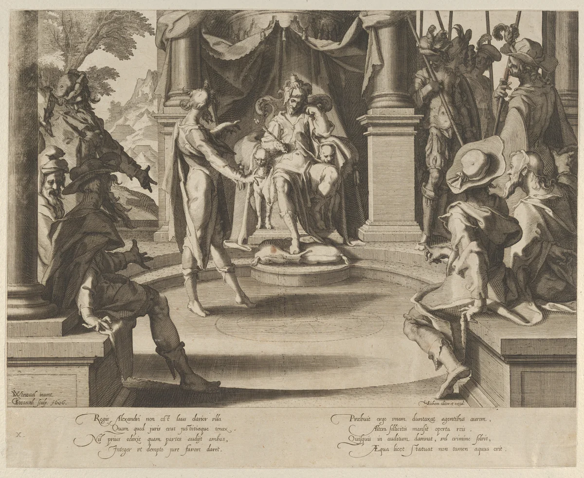 Alexander the Great as a Judge, plate 10 from "Thronus Justitiae, tredecim pulcherrimus tabulis..." by Willem van Swanenburg, print, 1605-1606