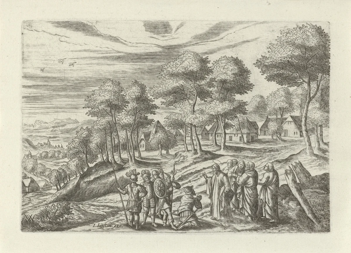 Landschap met Christus en de hoofdman van Kafarnaüm by Julius Goltzius, print, 1560-1595