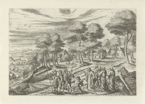 Landschap met Christus en de hoofdman van Kafarnaüm by Julius Goltzius, print, 1560-1595