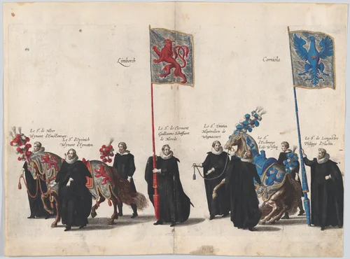 Plate 39: Men with heraldic flags and horses from Burgundy and Artois marching in the funeral procession of Archduke Albert of Austria; from 'Pompa Funebris ... Alberti Pii' by Cornelis Galle, print, 1623