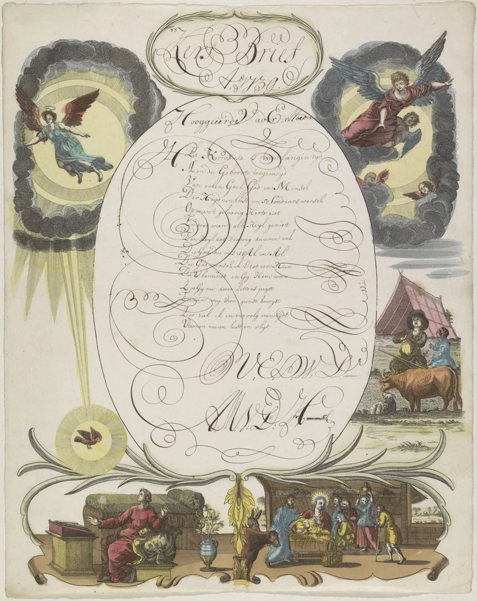 Wensbrief met de Annunciatie en de aanbidding door de herders by anonymous, print, 1739