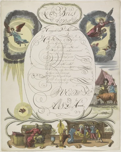 Wensbrief met de Annunciatie en de aanbidding door de herders by anonymous, print, 1739