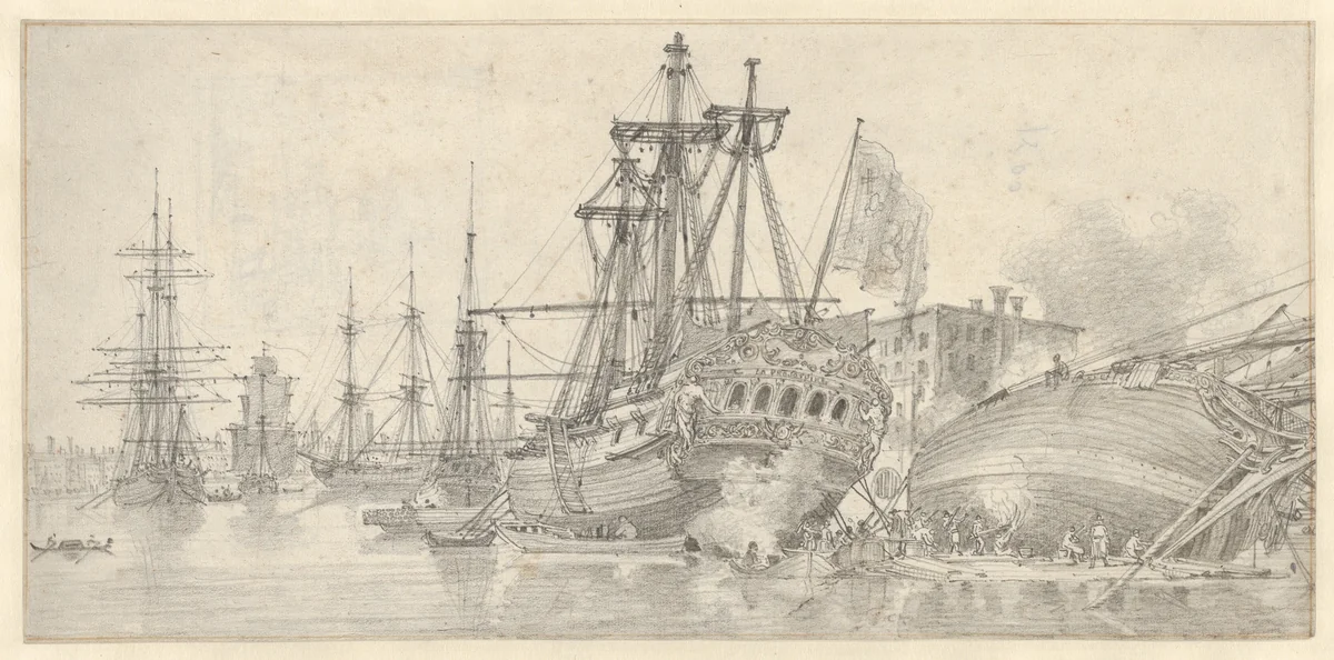 The Proserpine at anchor in Venice by Louis François Cassas, drawing, 1777-1787