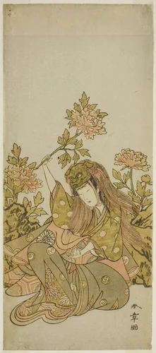 The Actor Nakamura Noshio I in a "Shak-kyo Odori" (Stone Bridge Dance), in the Play Onna Aruji Hatsuyuki no Sekai, Performed at the Morita Theater in the Eleventh Month, 1773 by Katsukawa Shunsho (勝川 春章), print, 1768-1778