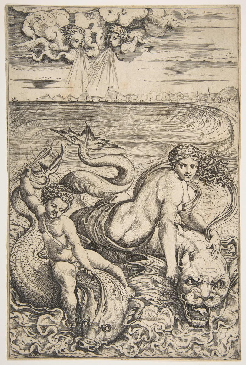 Venus and Cupid riding two sea creatures, Cupid raising an arrow with his right hand and two heads representing wind in the clouds above by Marco Dente, print, 1510-1532