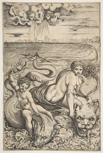 Venus and Cupid riding two sea creatures, Cupid raising an arrow with his right hand and two heads representing wind in the clouds above by Marco Dente, print, 1510-1532