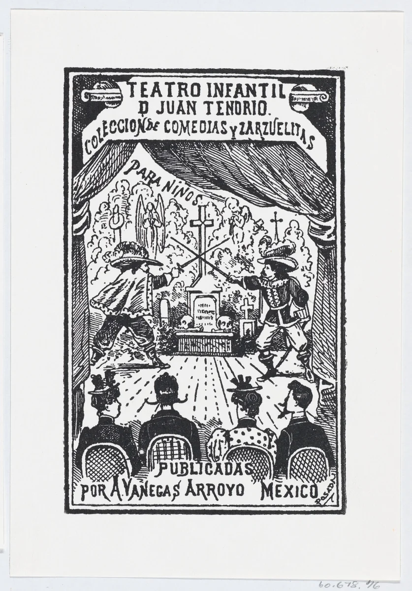 Two men dueling on a stage in front of an audience, illustration for 'Teatro Infantil de Juan Tendrio' by José Guadalupe Posada, print, 1880-1913