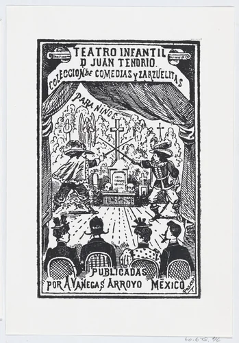 Two men dueling on a stage in front of an audience, illustration for 'Teatro Infantil de Juan Tendrio' by José Guadalupe Posada, print, 1880-1913
