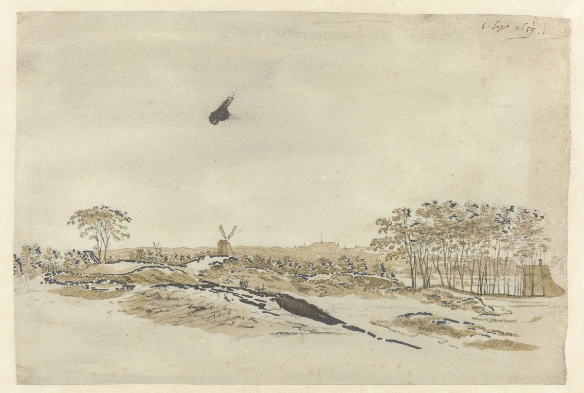 Gezicht op Den Haag vanuit de duinen by Constantijn Huygens, drawing, 1659